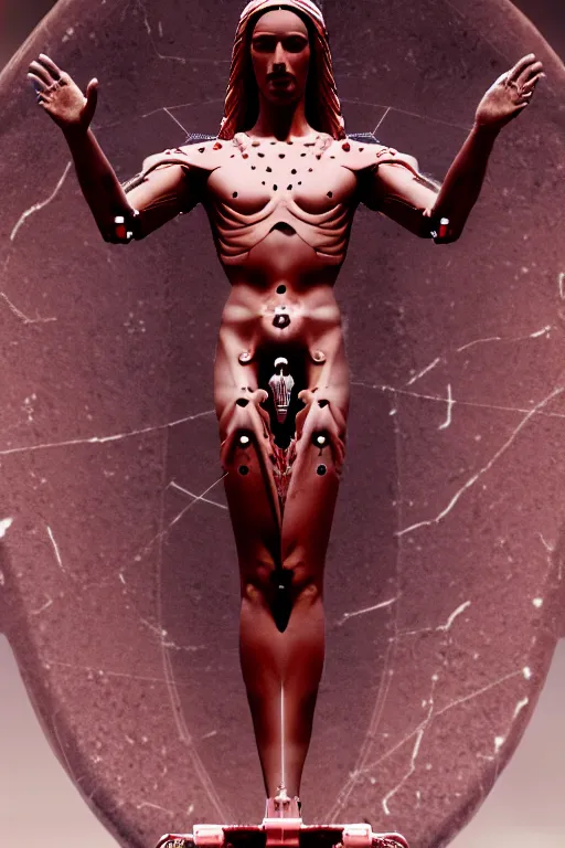 Prompt: a statue jesus on cross made of red marble, perfect symmetrical body, full body shot, inflateble shapes, white biomechanical details, wearing epic bionic cyborg implants, masterpiece, intricate, biopunk, vogue, highly detailed, artstation, concept art, cyberpunk, octane render