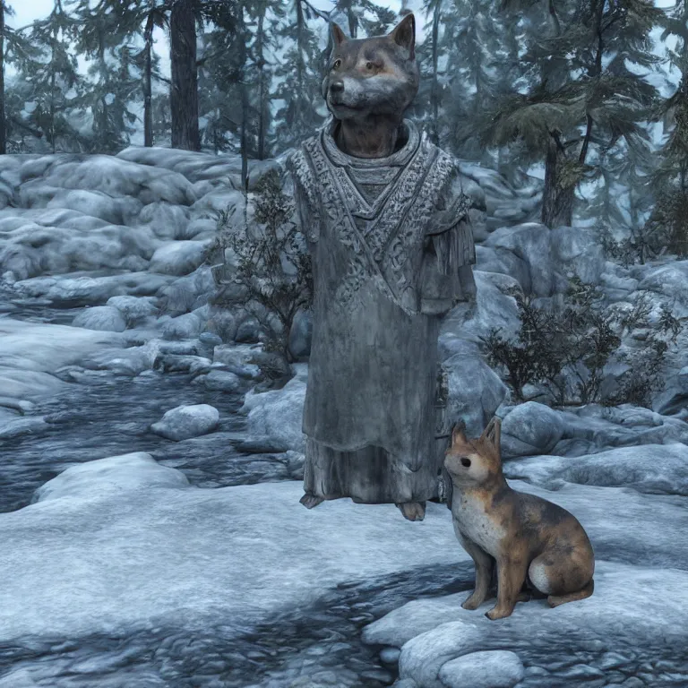 Prompt: a grey and rough hewn shiba inu statue placed beside a frozen stream, skyrim pc screenshot