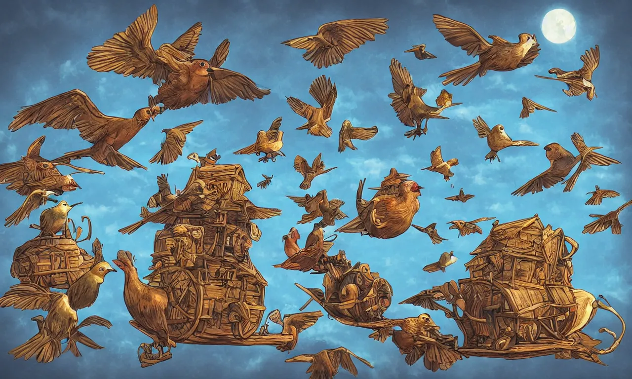 Image similar to discworld theme, flocking birds, 3 d art, digital illustration, perfect lighting