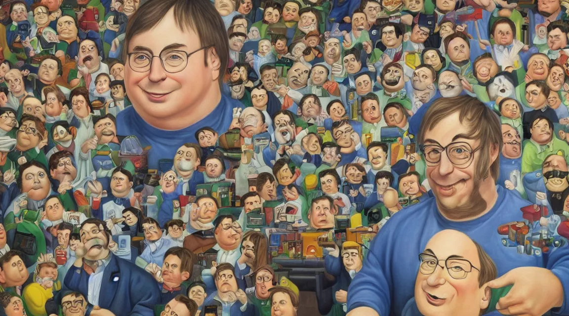 Image similar to Wallpaper of Linus Torvalds in a datacenter painted by fernando botero