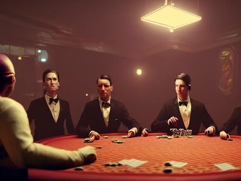 Image similar to hyperrealism simulation highly detailed human turtles'wearing detailed tuxedos and smoking, playing poker in surreal scene from cyberpunk movie from future by wes anderson and denis villeneuve and mike winkelmann rendered in blender and octane render