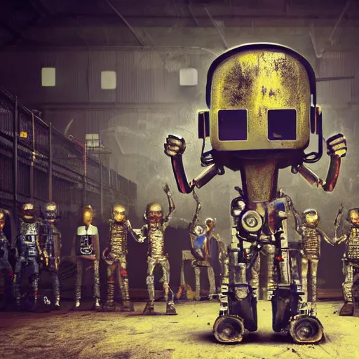 Prompt: a realistic crazy robot wearing a welding helmet, welding helmet head, one fist raised high in triumph, raised fist, standing in front of an army of robots inside a huge rusty dingy warehouse, army of insane robots, raygun gothic, atomic punk, digital art, detailed render
