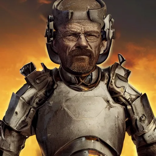 Image similar to Walter White in cybernetic battle armour, 4k octane render, highly detailed