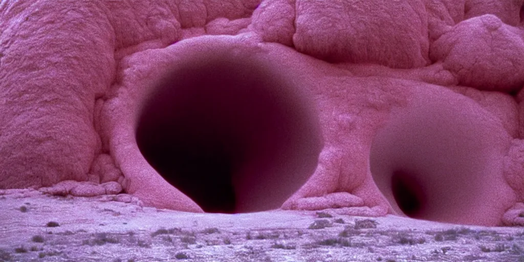 Image similar to a strange huge translucent pvc inflated organic architecture building with pink fluffy fur inside by anish kapoor sits in the rock mountains, film still from the movie directed by denis villeneuve with art direction by zdzisław beksinski, close up, telephoto lens, shallow depth of field