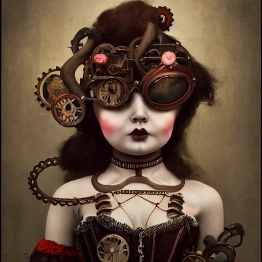 Prompt: photorealistic soft paint of a curiosities carnival, single young beautiful doll in a full steampunk corset, multiples very long tentacles ground, symmetry accurate features, ominous depths, elegance, focus, rainbow lighting, very high details, award winning masterpiece, behance, by tom bagshaw