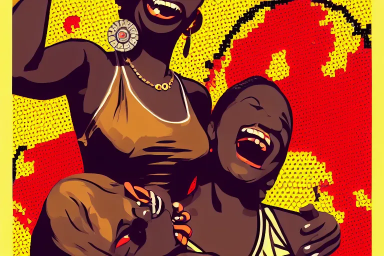 Image similar to mama africa laugh at her child!!! pop art, pixel, bioshock, gta chinatown, artgerm, richard hamilton, mimmo rottela, julian opie, aya takano, intricate, sharp focus, concept art, smooth, focus on details