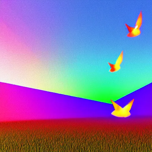 Prompt: chromatic crystal prism birds refracting light in a swirling summer meadow, raytraced render