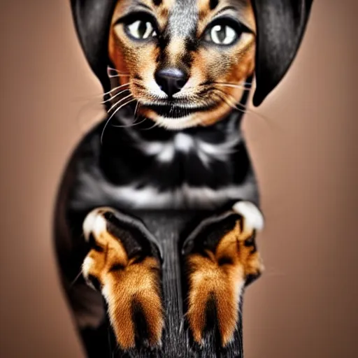 Prompt: a feline dachshund - cat - hybrid, animal photography