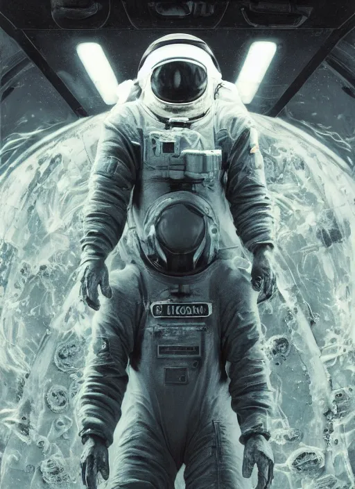 Image similar to astronauts in dark and empty void underwater - complex and hyperdetailed technical suit. reflection and dispersion materials. rays and dispersion of light. volumetric light. 5 0 mm, f / 3 2. noise film photo. flash photography. ultra realistic, wide angle. poster by wayne barlowe, hajime sorayama aaron horkey, craig mullins