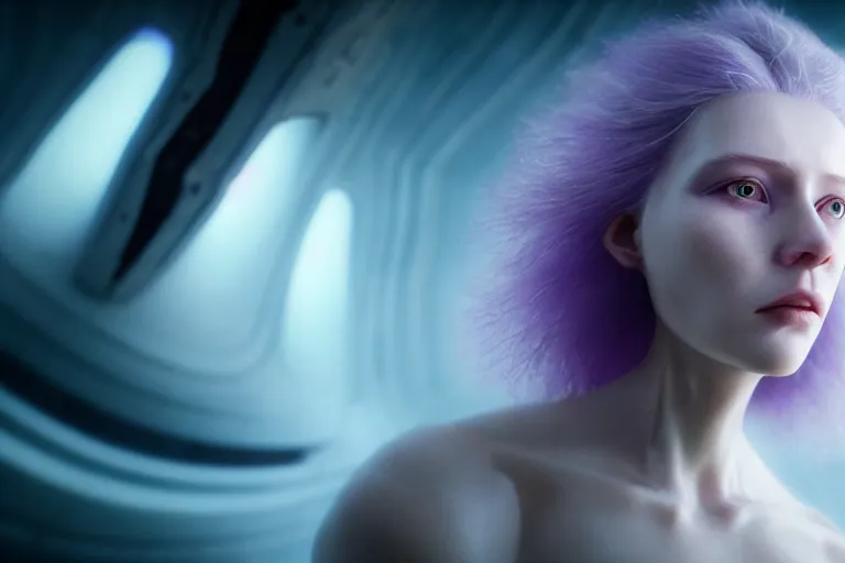 Prompt: an ultra realistic, cinematic, close up portrait, of a pale woman with flowing purple hair, soft light, dreamy, facial features, standing in a space ship wreck, sci - fi armor, detailed, deep focus, movie still, dramatic lighting, ray tracing, by michal karcz and yoshitaka and david cronenberg