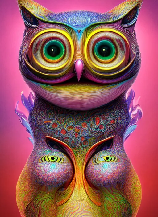 Prompt: psychedelic cat owl figure by naoto hattori, android jones and chris dyer, depth of field, intricate beautiful painting, billions of details, octane render, trending on artstation