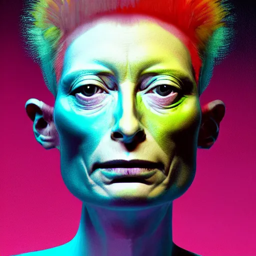 Prompt: a realistic octane render physically based rendering punk neon tilda swinton, trending on artstation, by archan nair and marlene dumas, intricate details, flowers, in the style of frank auerbach, in the style of martin ansin, in the style of david aja, by kandinsky