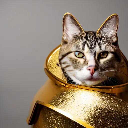 Prompt: a cat wearing gold plated armor, studio lighting