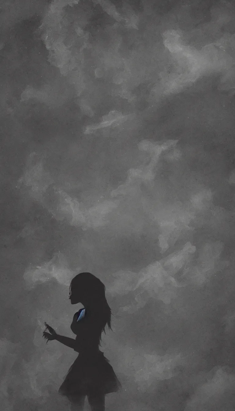 Prompt: black dark fantasy smoke on night field, single girl silhouette, hyper detailed, vignette, ground, unfocused, artstation