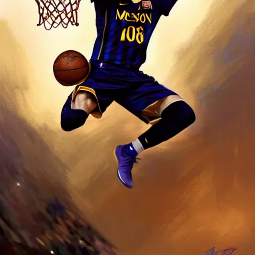 Prompt: Messi dunking a basketball in the NBA, D&D style, fantasy, intricate, elegant, highly detailed, digital painting, artstation, concept art, matte, sharp focus, illustration, art by Artgerm and Greg Rutkowski and Alphonse Mucha