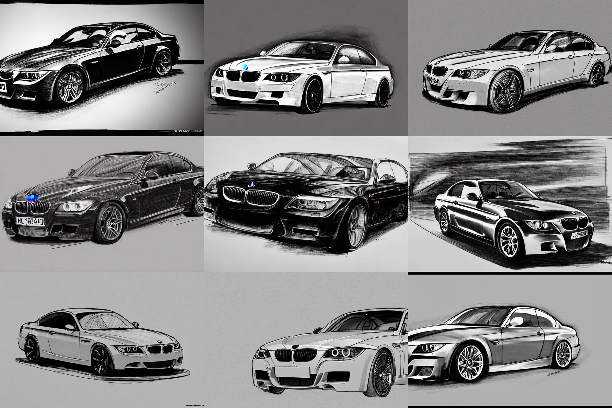 Prompt: bmw e 9 1, black and white, sketch, detailed