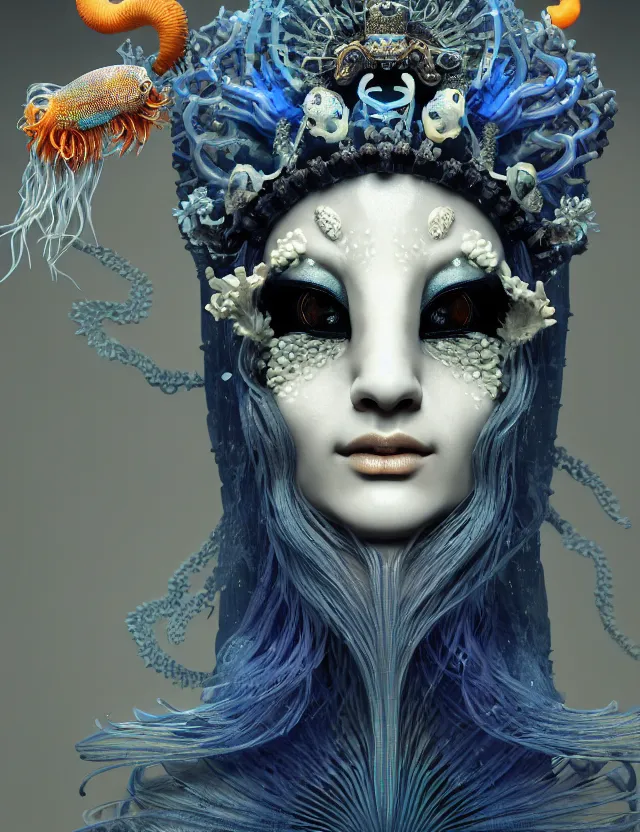 Image similar to 3 d goddess close - up portrait with crown, ram skull. beautiful intricately detailed japanese crow kitsune mask and clasical japanese kimono. betta fish, jellyfish phoenix, bioluminescent, plasma, ice, water, wind, creature, artwork by tooth wu and wlop and beeple and greg rutkowski