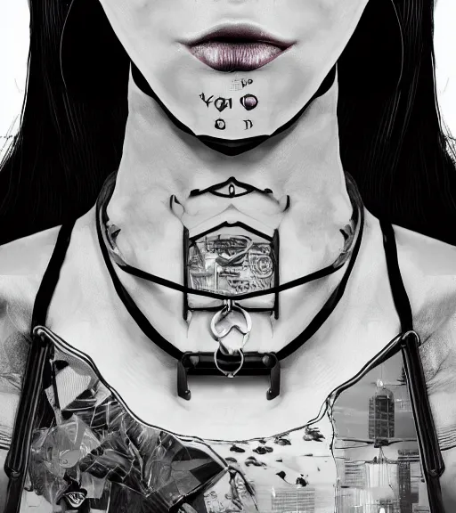 Image similar to detailed realistic female character cyberpunk wearing thick technological collar around neck, realistic, art, beautiful, 4K, collar, choker, collar around neck, punk, artstation, detailed, female, woman, choker, cyberpunk, neon, punk, collar, choker, collar around neck, thick collar, tight around neck, punk,