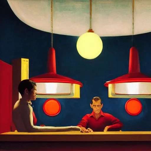 Prompt: two astronauts sitting in the corner booth at a greasy diner on the moon, edward hopper painting, iconic, stunning light