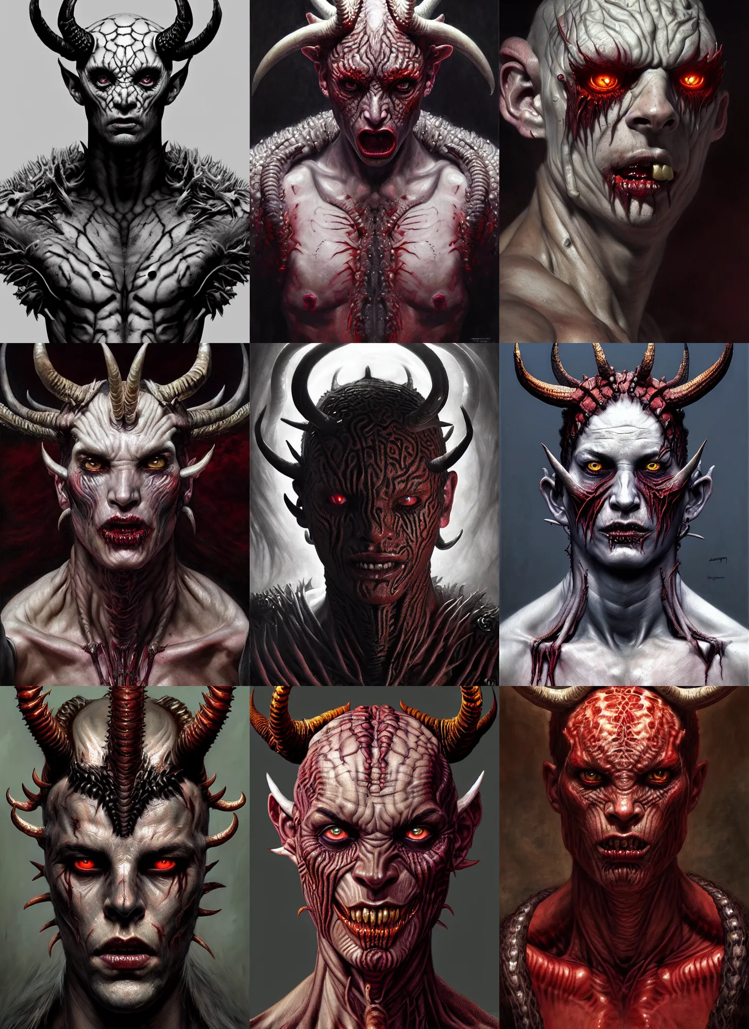 Prompt: demon man intricate skin pattern texture, savage, full body, white horns, hyper realistic, extremely detailed, dnd character art portrait, dark fantasy art, intricate fantasy painting, dramatic lighting, vivid colors, deviant art, artstation, by edgar maxence and caravaggio and michael whelan and delacroix.