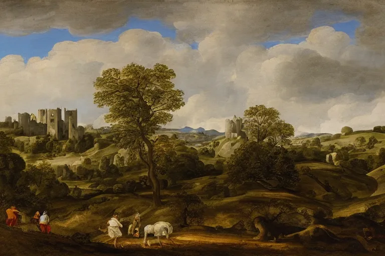 Image similar to pastoral landscape with ruined castle in the background by claud lorrain, french 1 6 0 0 - 1 6 8 2