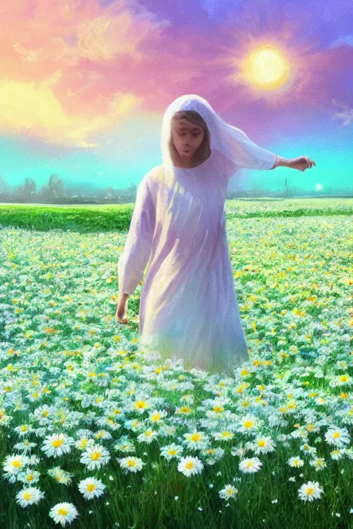 Prompt: white daisy flowers as head veil, girl walking in a flower field, surreal photography, sunrise, dramatic light, impressionist painting, colorful clouds, digital painting, artstation, simon stalenhag