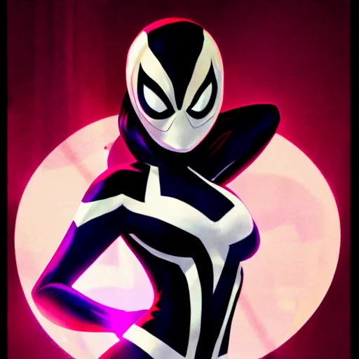 Image similar to gorgeous female Emma Stone as Spider-Gwen as venom, realistic character concept, medium shot, evil pose, comic book, illustration, slender symmetrical body, artstation, cinematic lighting, hyperdetailed, cgsociety, 8k, high resolution, Tom Bagshaw, Joshua Middleton, Gottfried Helnwein, Rafeal Albuquerque comic, single face, insanely detailed and intricate, dark and smokey background, vfx, postprocessing