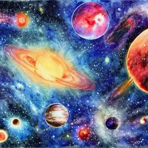 Image similar to planets colliding, space, stars, sun, earth, planets, explosions, nebula, galaxies, huge explosions in space, extreme detail, highly detailed watercolor art