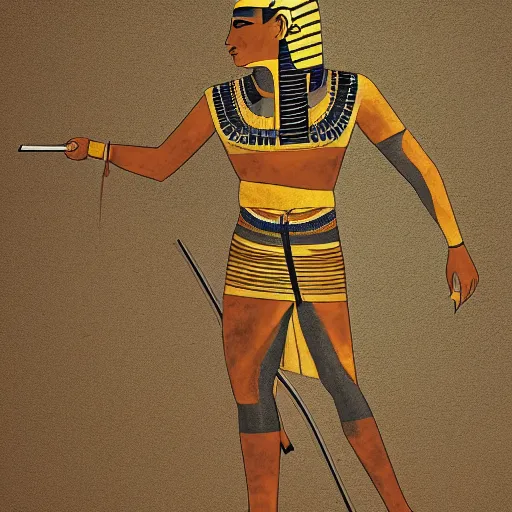 Prompt: egyptian samurai, standing in desert, hieroglyphics