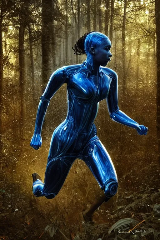 Prompt: hyperrealistic very beautiful! black woman running, detailed exoskeleton armor, in a forest sun behind, digital art brad kunkle elson peter, dramatic blue light low angle hd 8k sharp focus