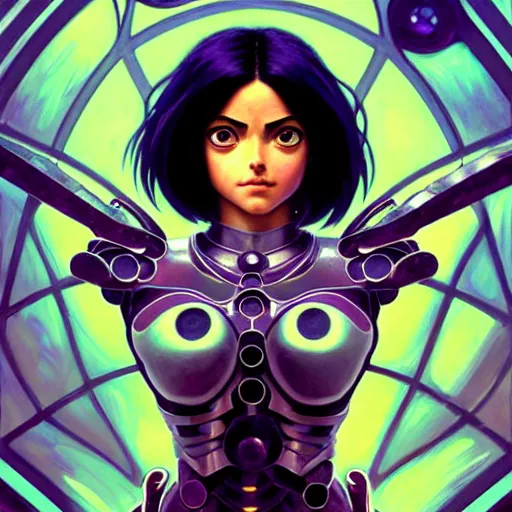 Prompt: Character Portrait of Battle Angel Alita surrounded by geometric nodes, face, fantasy, intricate, elegant, highly detailed, digital painting, artstation, concept art, smooth, sharp focus, illustration, art by Greg Manchess and Fernanda Suarez and Artem Demura and alphonse mucha