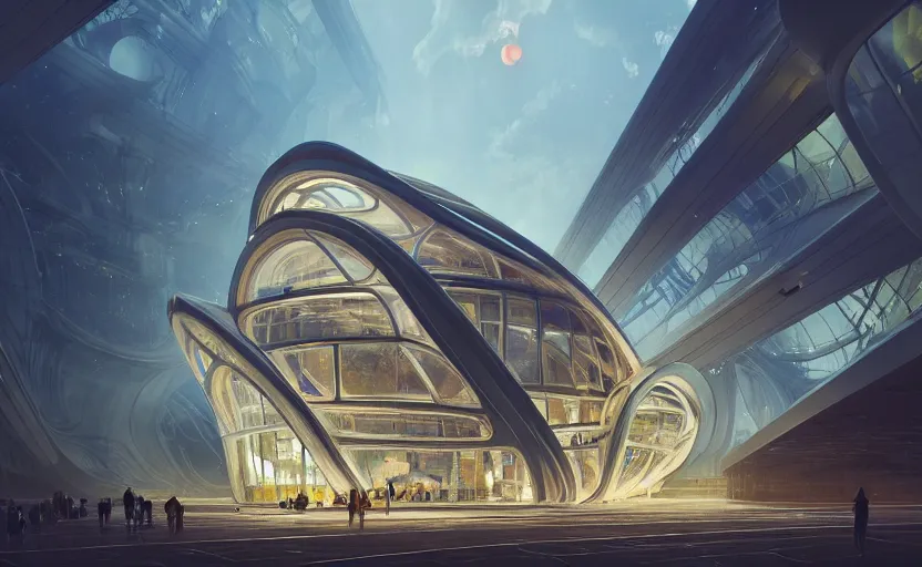 Image similar to exterior shot of utopian architecture transparent building with cinematic lighting by zaha hadid and renzo piano, darek zabrocki and greg ruthkowski, alphonse mucha, simon stalenhag, cinematic, stars, beautiful, holy place, paradise, scifi, futurism, atmospheric, concept art, artstation, trending on artstation