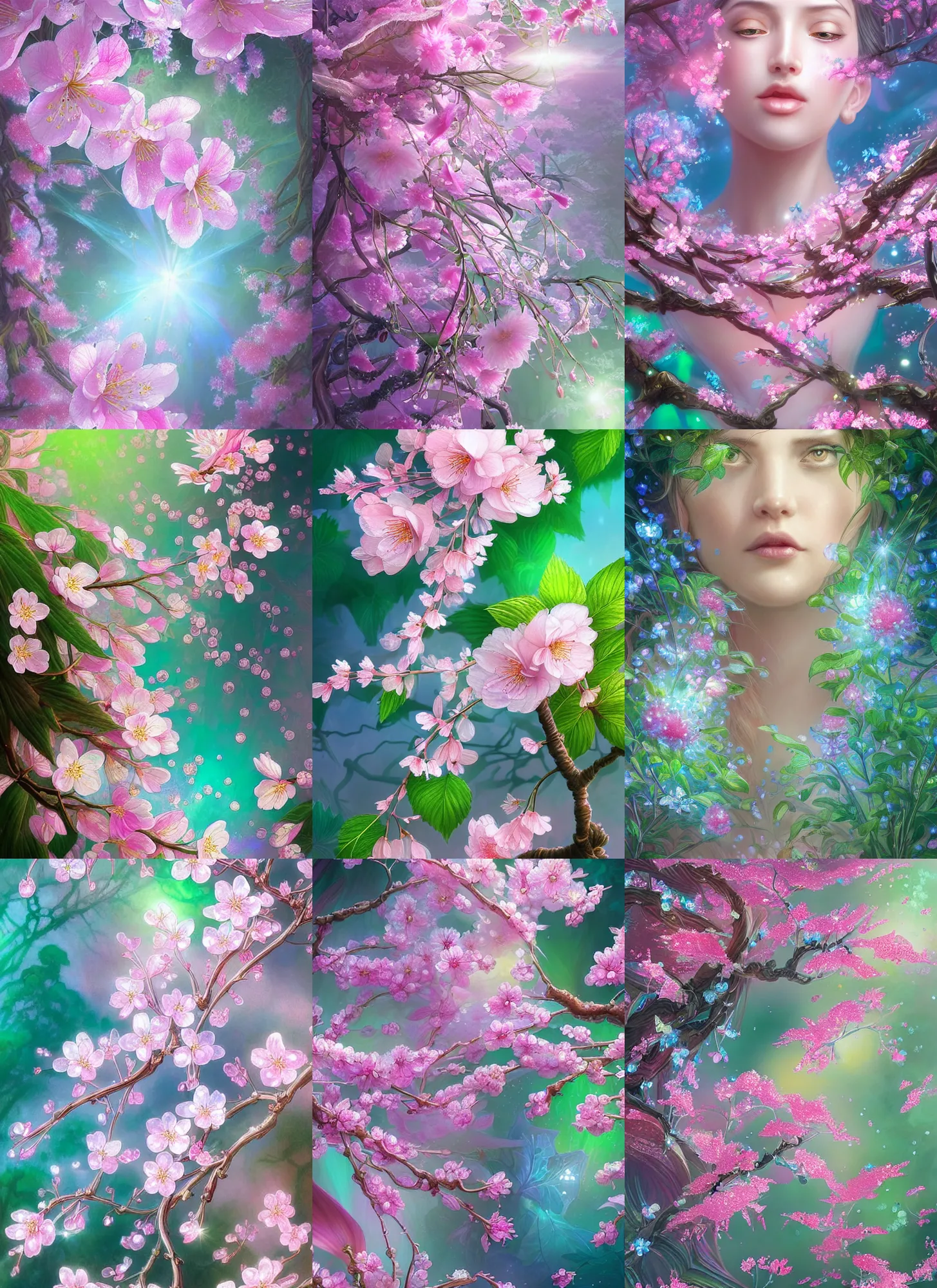 Prompt: cherry blossoms, iridescent diaphanous refractive and reflective crystal crystalline pearly flora, verdant, lush, overgrown, pink and blue topaz colors, fantasy, intricate, elegant, highly detailed, digital painting, artstation, concept art, matte, sharp focus, illustration, hearthstone, art by artgerm and greg rutkowski and bouguereau