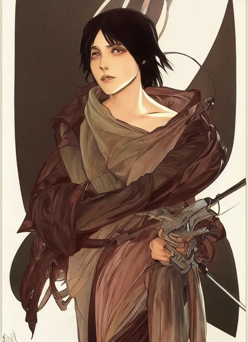 Prompt: Mikasa Ackerman, concept art, smooth matte, focused, illustration art style by Ian Spriggs and Alphonse Mucha