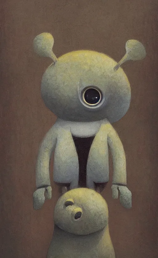 Prompt: portrait of a cute character in a scenic cheerful environment by Shaun Tan