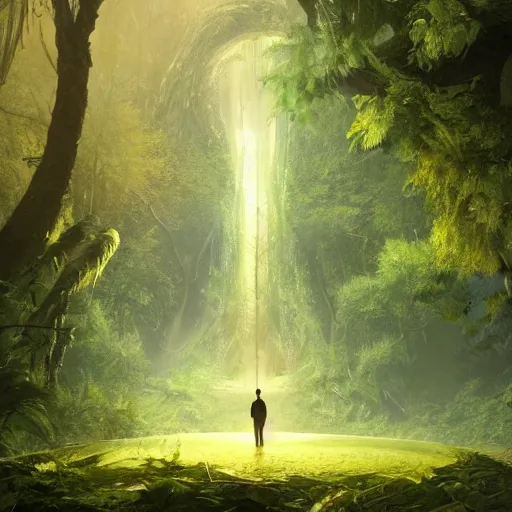 Image similar to a man standing in front of a portal in the middle of a forest, poster art by stephan martiniere, behance contest winner, sci - fi, reimagined by industrial light and magic, concept art