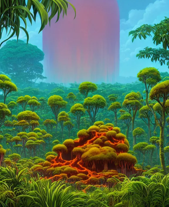 Image similar to simplicity, an simple structure made out of exotic fungus, overgrown with lush floral jungle, partly cloudy, hellscape, hell, fire, brimstone, lava, by dan mumford, yusuke murata, makoto shinkai, ross tran, cinematic, unreal engine, cel shaded, featured on artstation, pixiv