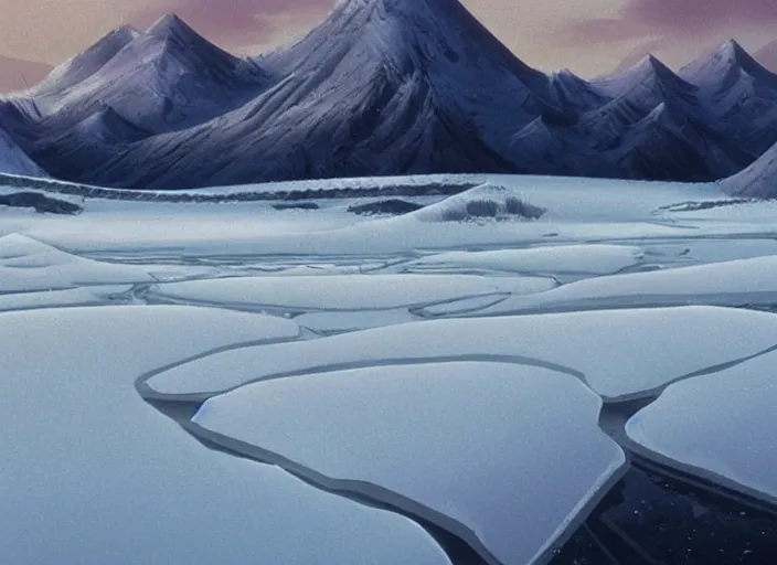 Image similar to stark minimalist frozen creek snowdrift landscape by bill watterson from mulan ( 1 9 9 8 )