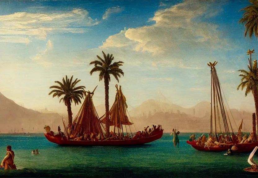 Image similar to Palace floating in the sky, caravels, thunderstorm, greek pool, beach and palm trees on the background major arcana sky, by paul delaroche, hyperrealistic 4k uhd, award-winning, very very very detailed