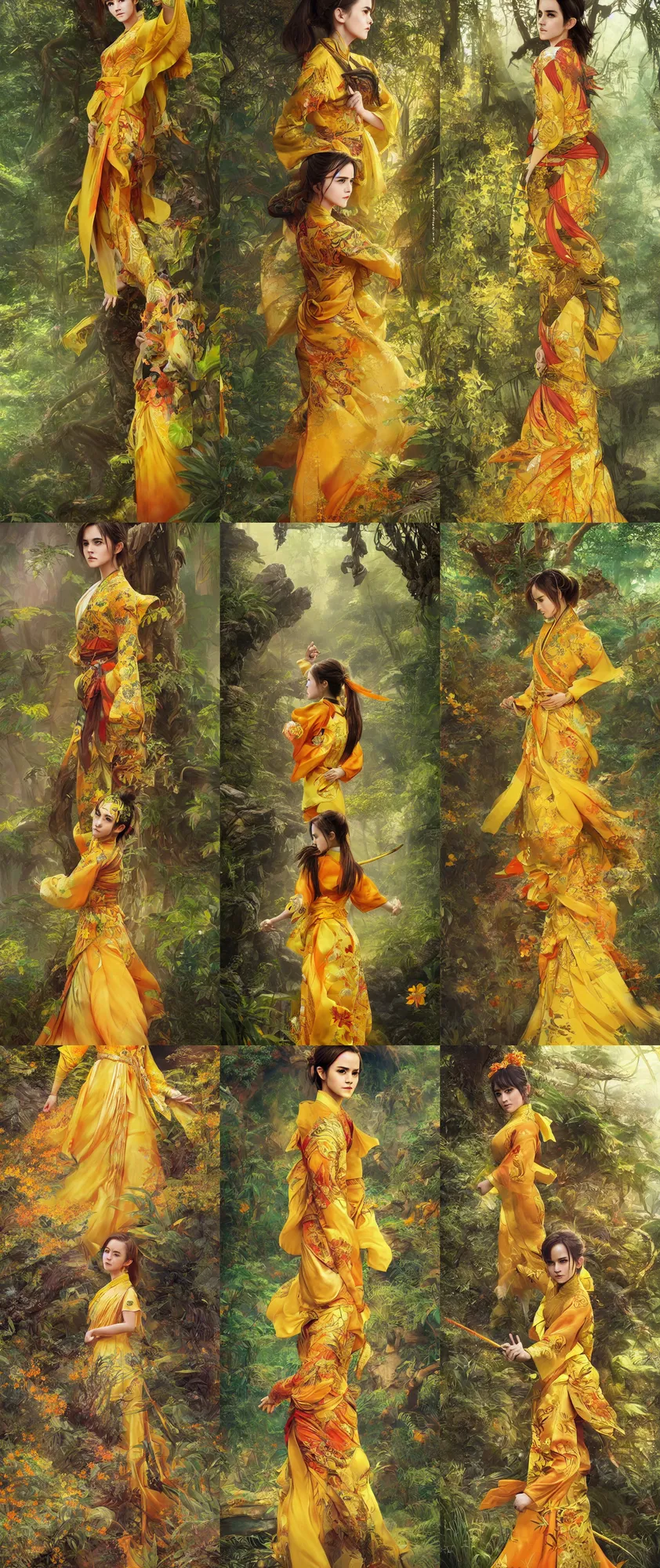 Prompt: asian emma watson wearing golden yellow and orange furisode, full shot, jungle background, intricate, highly detailed, concept art, sharp focus, illustration, artgerm, ruan jia, jurgens, aleksi briclot, mucha