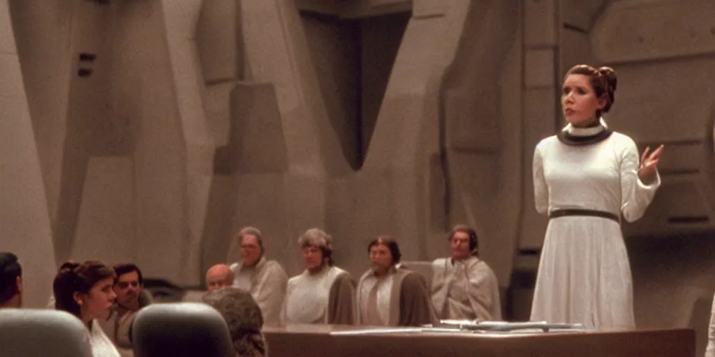 Image similar to a full color still of Carrie Fisher as Leia Organa giving a speech in the Galactic Senate, cinematic lighting, 1999, directed by Steven Spielberg, 35mm