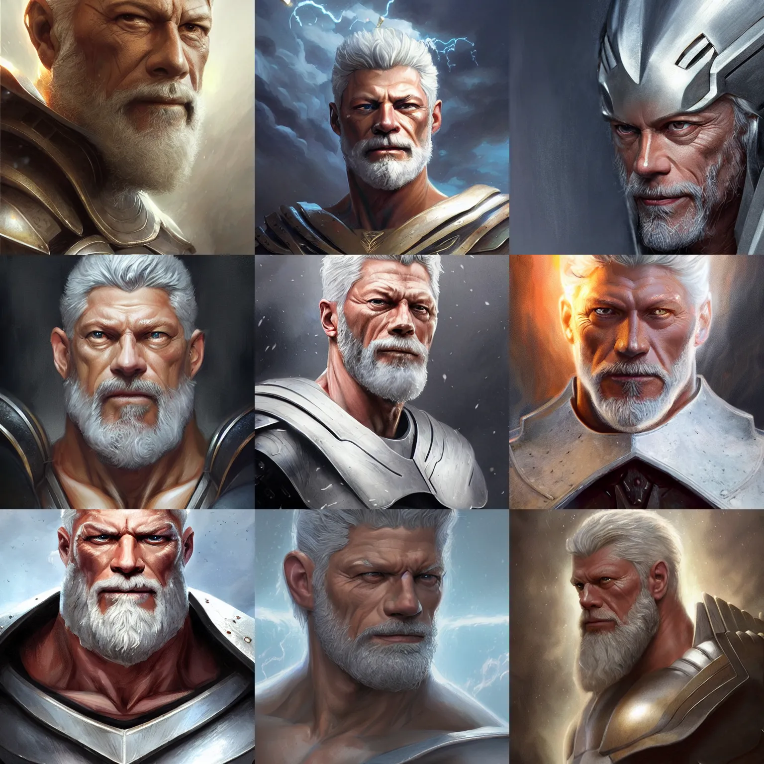 Prompt: zeus, stephen lang, white armor, lightning, D&D, fantasy, portrait, highly detailed, digital painting, trending on artstation, concept art, sharp focus, illustration, art by artgerm and greg rutkowski and magali villeneuve