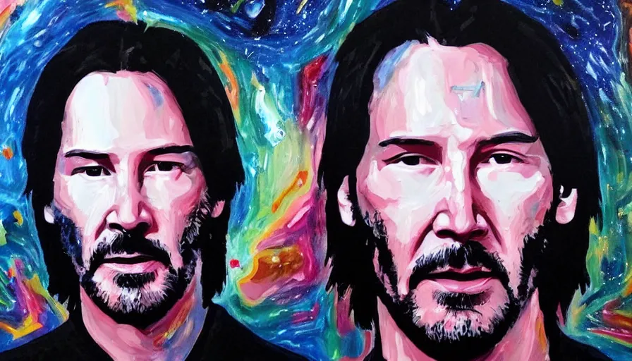 Image similar to Keanu reeves floating in space with a distressed look on his face, acrylic paint on canvas,