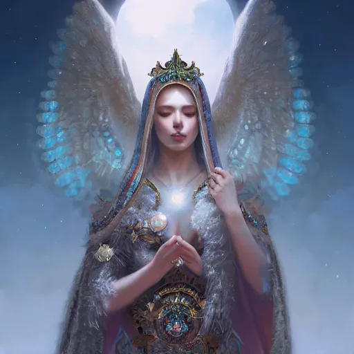 Image similar to A beautiful digital painting of a female Seraphim full of jewels, princess, the moon behind her, intricate, cinematic lighting, highly detailed, digital painting, Artstation, concept art, smooth, sharp focus, illustration, art by Tom Bagshaw, Artgerm and Greg Rutkowski