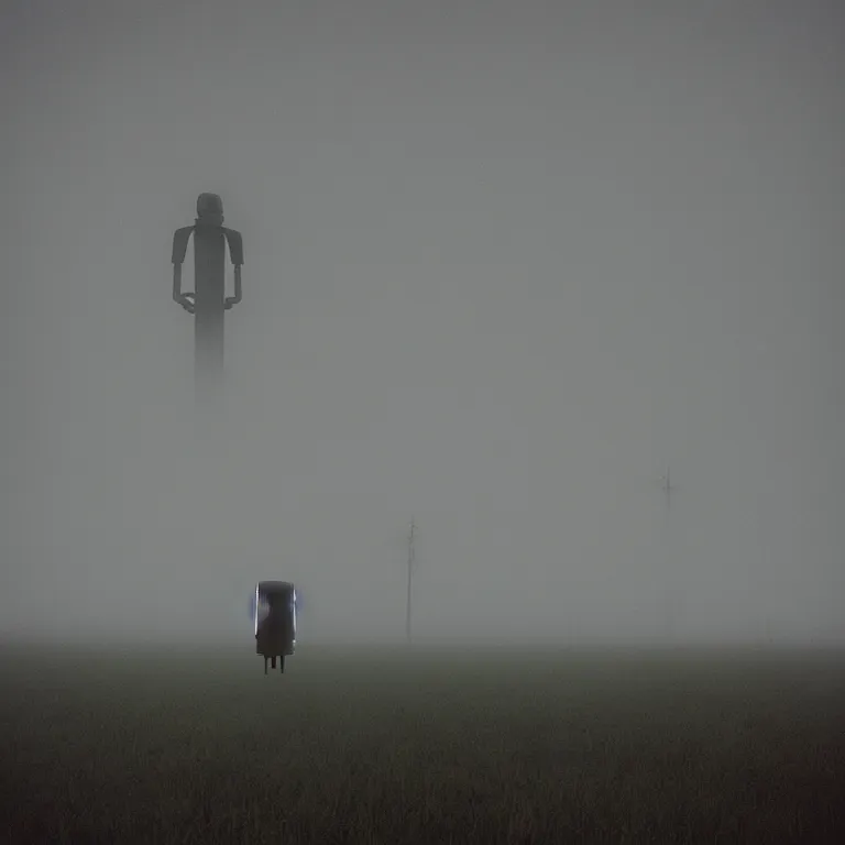 Image similar to the tall thin liminal observer droid by dennis mejillones, in a brutalist yet rural landscape by simon stalenhag, 3 5 mm film photography, dawn, eerie fog