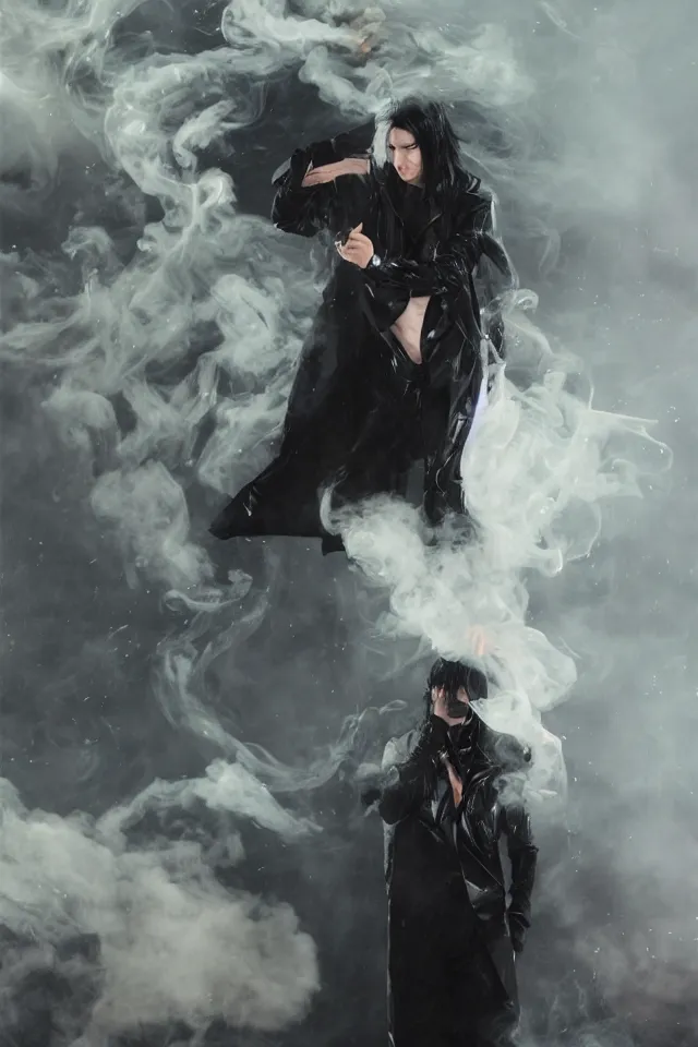 Image similar to a man with pale skin and long-black hair, latex suit and raincoat, floating in smoke, in the style of ruan jia and yoshitaca amano