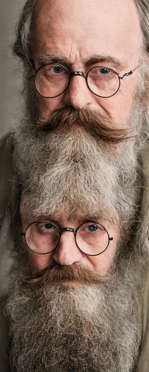 Prompt: aged harry potter with long beards and beautiful mustache, beard balm in his hand
