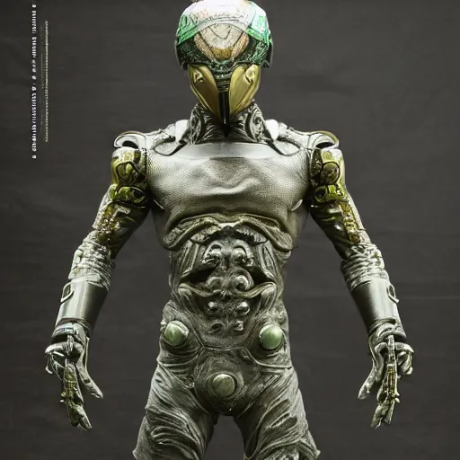 Prompt: Prometheus Engineer from the movie Prometheus (2012), highly detailed, symmetrical long head, raiden metal gear, cinematic smooth stone, deep aesthetic, concept art, post process, 4k, carved green metal texture and silk cloth, latex skin, highly ornate intricate details, in the style of frank miller