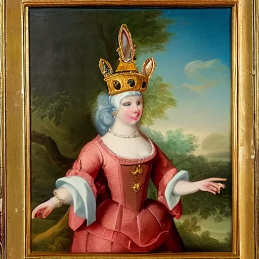 Prompt: a rabbit dressed as a queen wearing a crown, 18th century oil painting