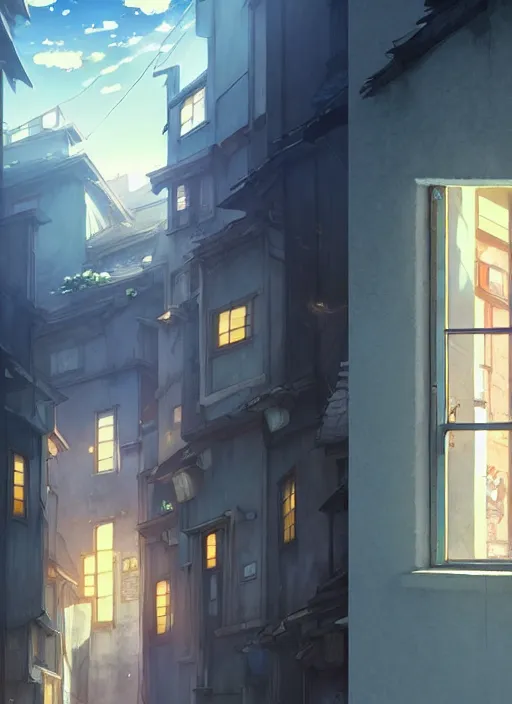 Image similar to 2 face - to - face window above a narrow street. illustration concept art anime key visual trending pixiv fanbox by wlop and greg rutkowski and makoto shinkai and studio ghibli